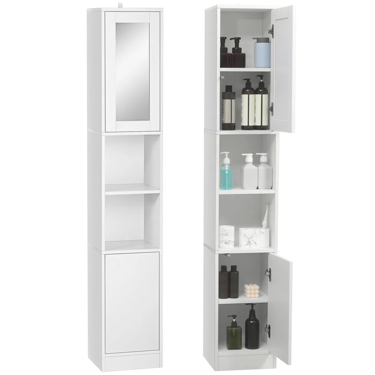 kleankin Colonna Bagno Salvaspazio con Specchio e Apertura a Pressione, Mobile da Bagno Multiuso in Legno, 30x28x170cm, Bianco