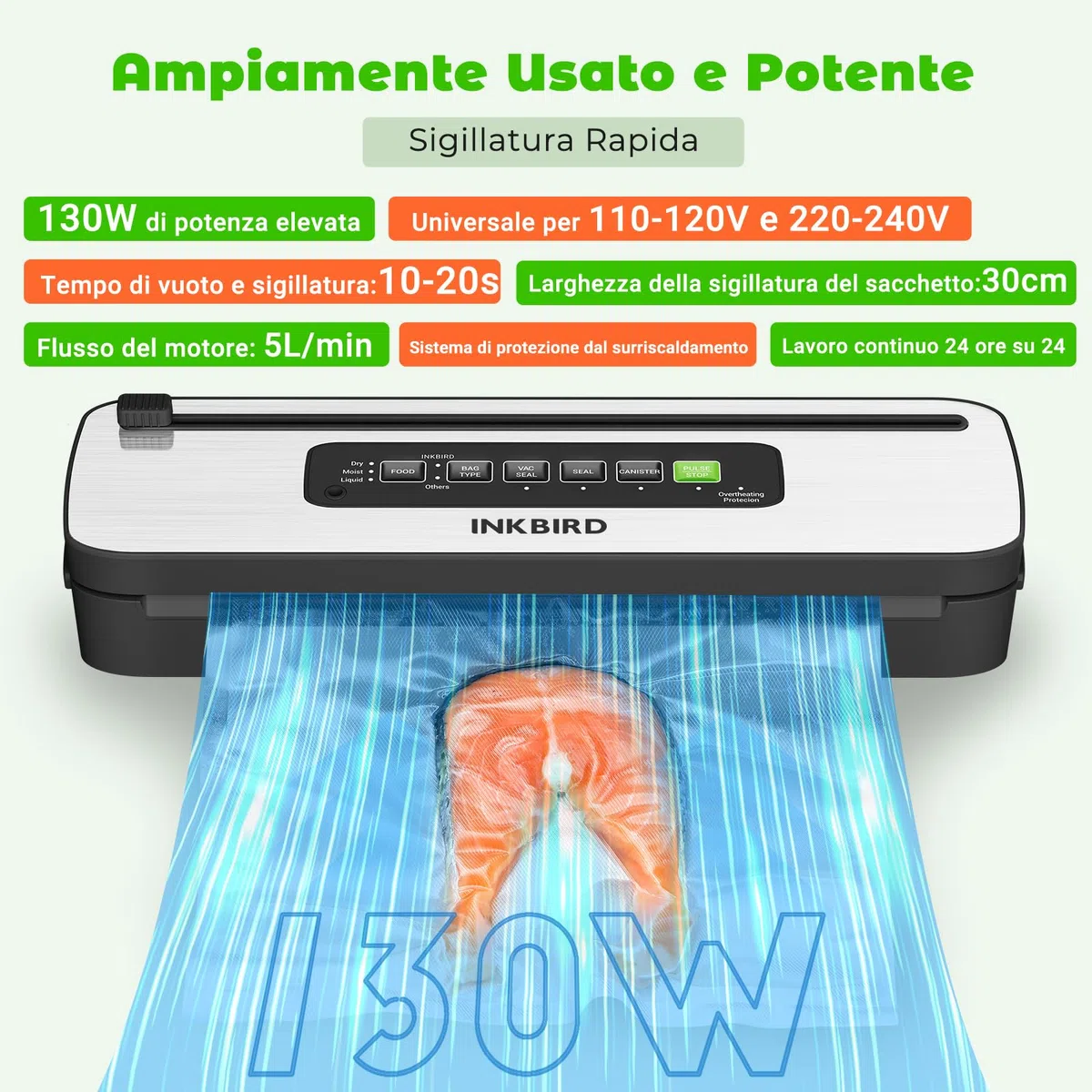 INKBIRD Macchina Sottovuoto Alimenti, Elettrodomestici di Messa Sotto Vuoto Con Taglierina Integrata | 7 Modalità di Sigillatura/Bagnata/Liquida, 130W Alta Potenza - Guarnizione Rapida, Indicatore