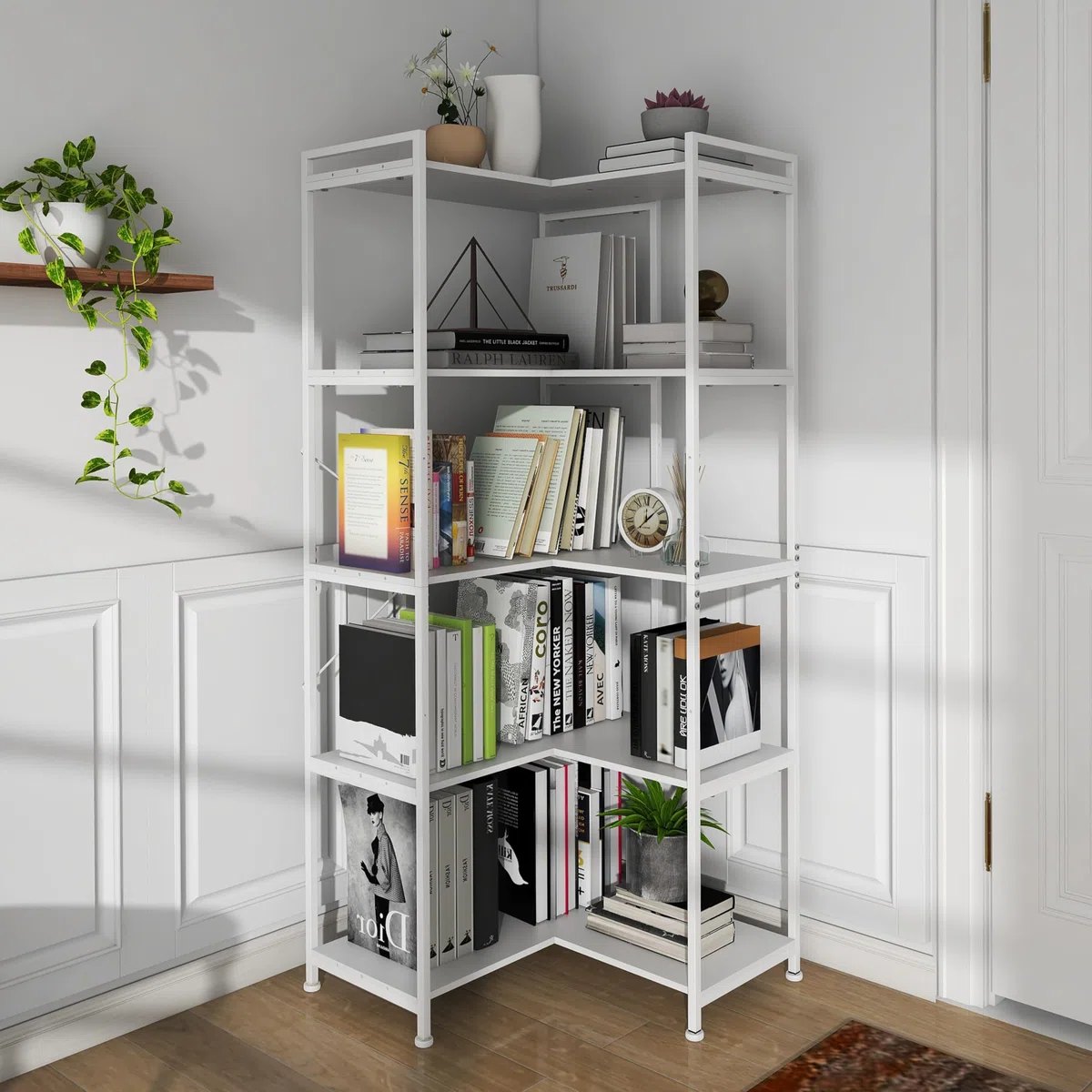 VEDECASA - Scaffale angolare a 5 ripiani, grande, 5 livelli, alto, da terra, moderno, per angolo, in metallo con telaio, ripiani aperti, per soggiorno, camera da letto, ufficio, bianco