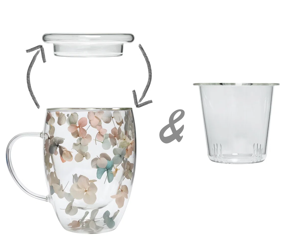 Tazza da te con infusore e coperchio in vetro a doppie pareti, con fiori, 320ml, lavabile in lavastoviglie, per tisane