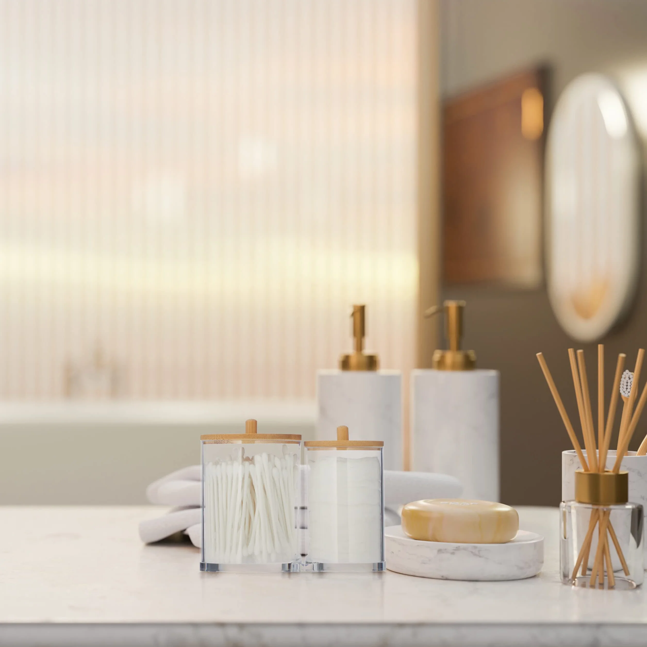 Relaxdays Porta Cotton Fioc, Bagno, Dispenser per Dischetti di Cotone, Plastica, Coperchi in bambù, Naturale Trasparente
