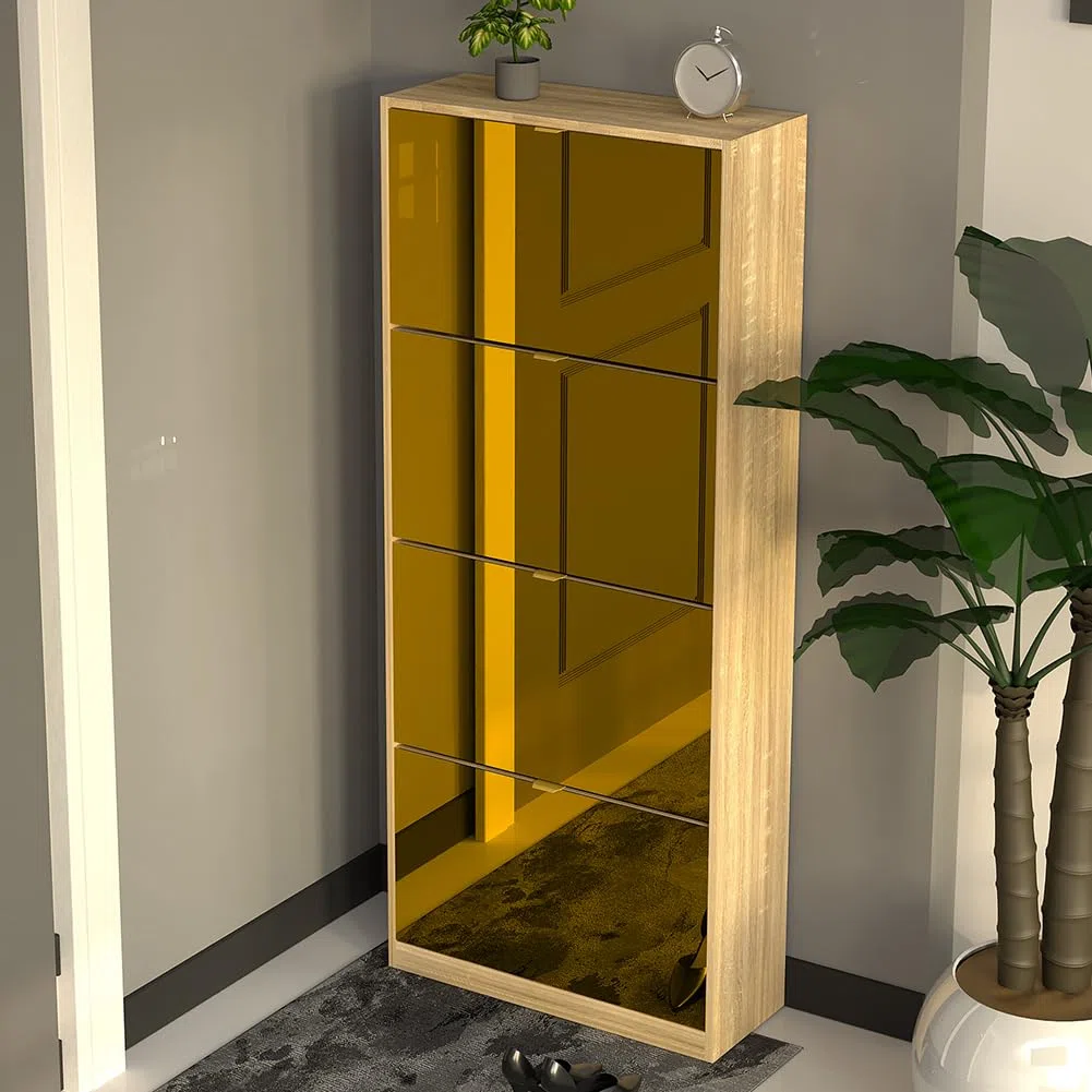 BAKAJI Scarpiera con Ante a Specchio Ribaltabili, Porta Scarpe con Ripiani a Ribalta e Maniglie, Struttura Salvaspazio Design Moderno, Ideale per Soggiorno, Ingresso, Salotto, Ufficio (4 Ante Bronzo)