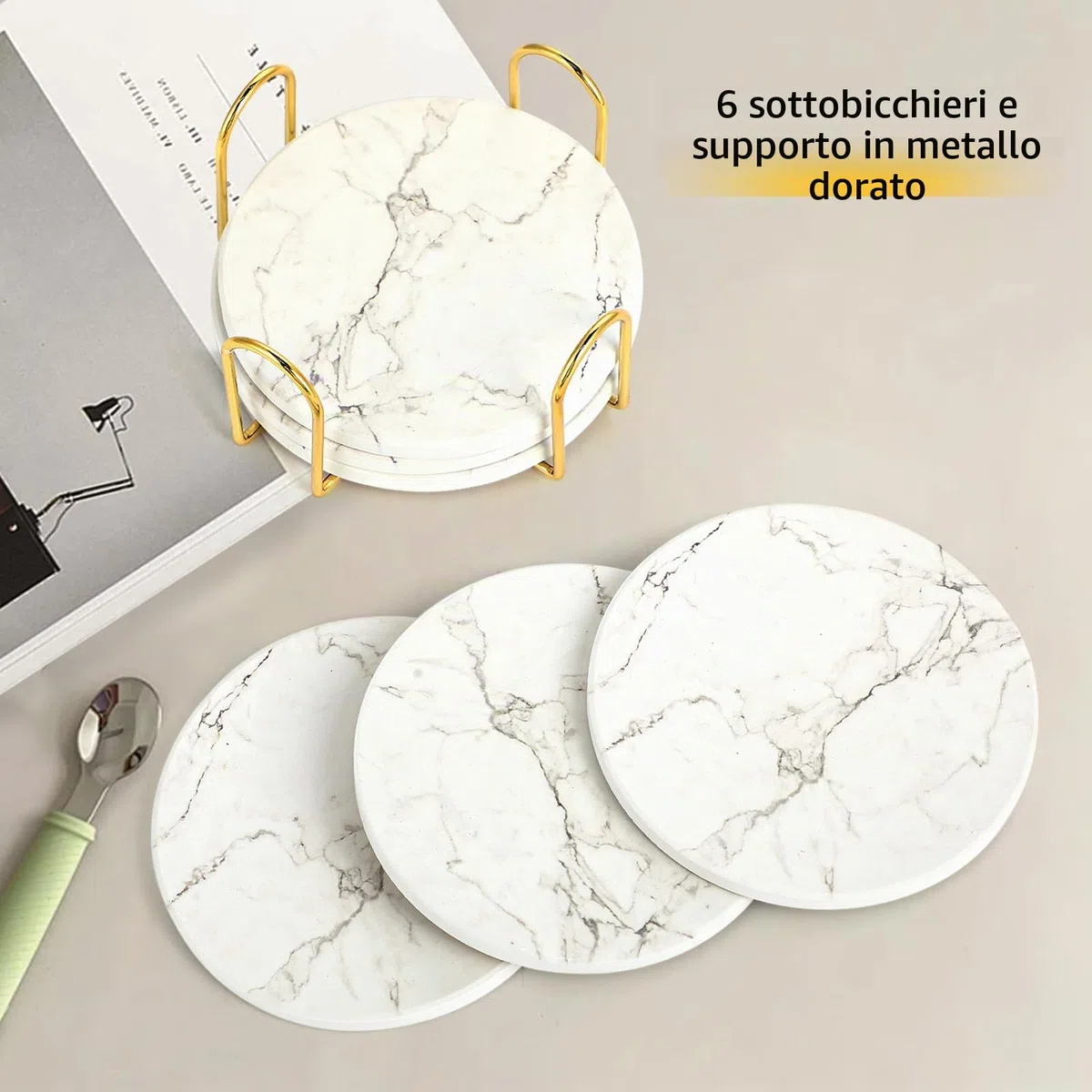 Sottobicchieri Con Supporto - Set Di 6 Sottobicchieri Ceramica - Absorbants Coasters Fondo Antiscivolo - Assorbimento Rapido Dell’Acqua - Motivo Marmo