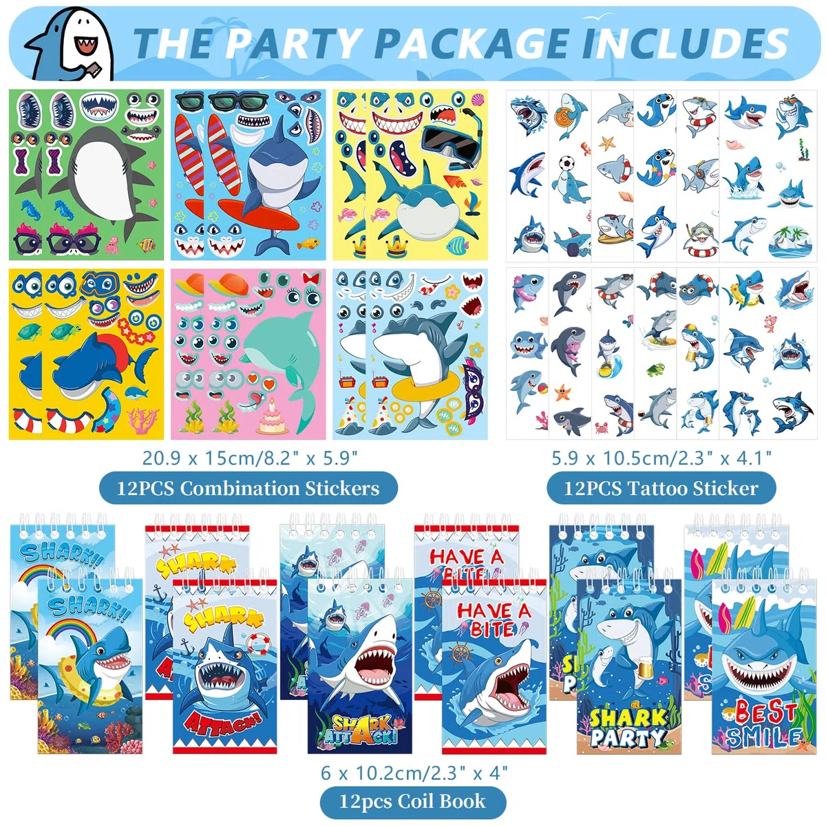 114PCS Set di bomboniere per feste di squalo - 12 Braccialetti Shark Braccialetti 54 Adesivi per squali 12 Shark Favor Bag 12 adesivi per tatuaggi di squalo 12 taccuini di squalo
