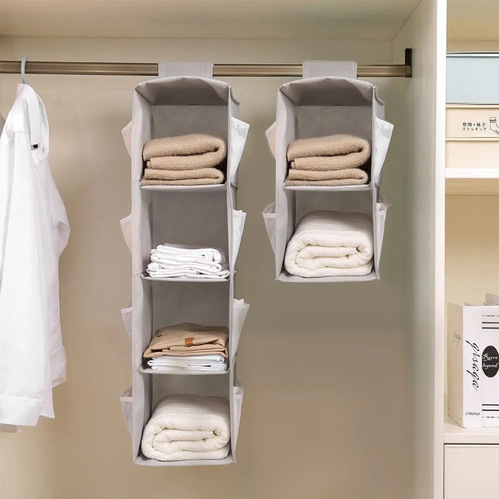 Organizer per Armadio Pensile, Organizzatore Armadio Interno, Pieghevole Portattuto da Appendere con 2 Scomparti 6 Tasche Laterali a Rete, 30 * 22.5 * 80cm (Grigio Due Strati)