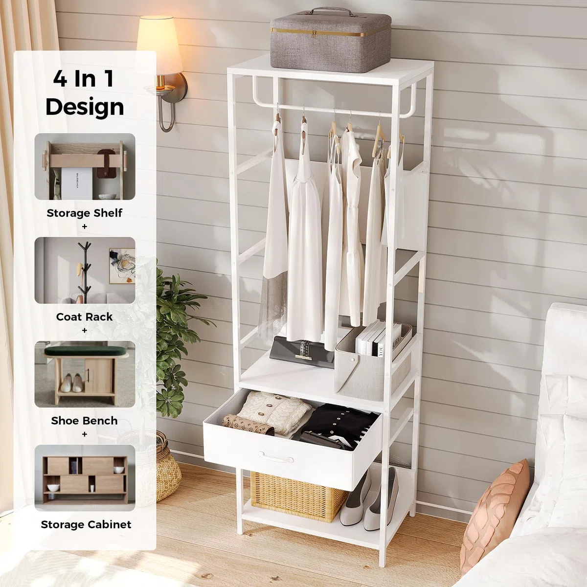 VOWNER Appendiabiti da Terra, Mobile Ingresso con Panca, 4 in 1, Attaccapanni con Barra e Cassetti, Stand Appendiabiti in Acciaio Inox, Mobile Ingresso Multifunzionale con Scarpiera, 60x180x40cm