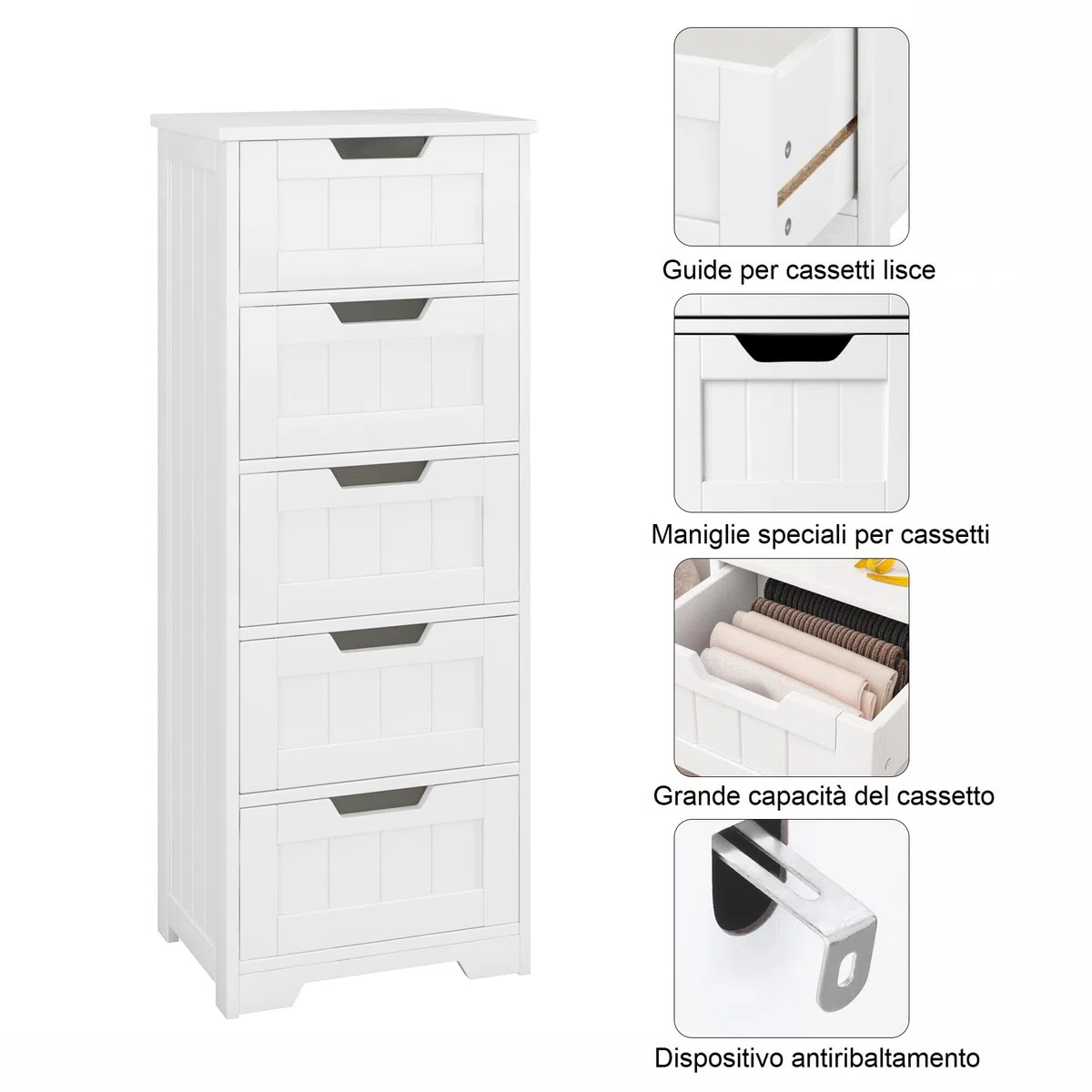 FOREHILL Mobile Bagno con 5 Cassetti,Cassettiera bagno in Legno,Armadietto Autoportante per Soggiorno, Cucina, Corridoio, Bagno 40x30x102cm Bianco