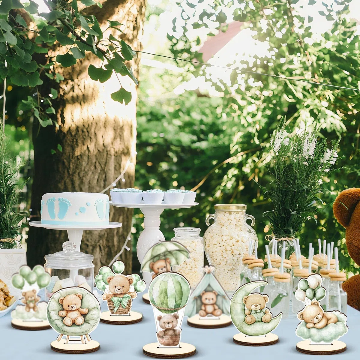 8 Pezzi Decorazioni in Legno per Baby Shower, Verde Salvia, Orso, Topper da Tavolo con Cartello Rimovibile, per Bambino O Bambina, Decorazioni per Rivelazion
