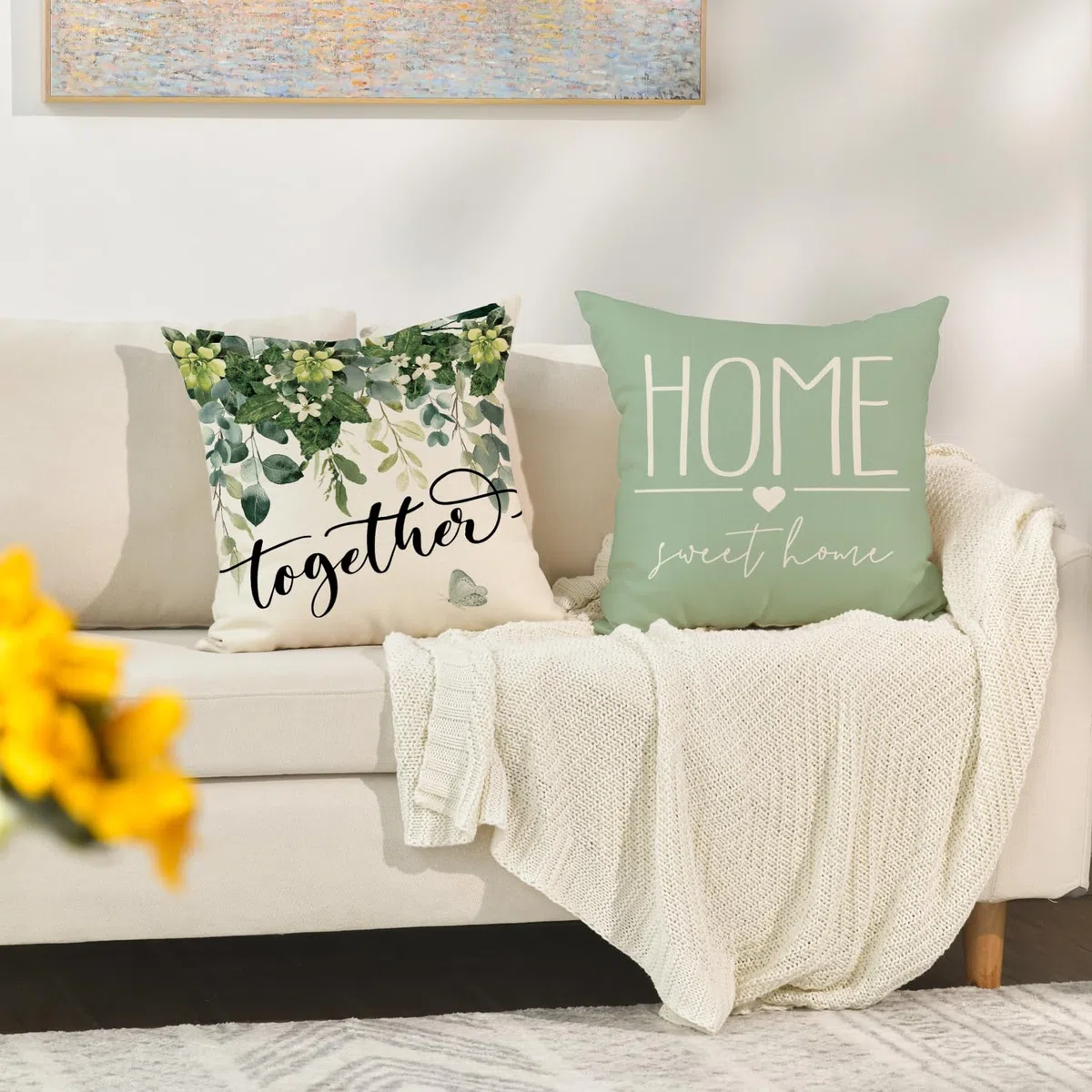 Artoid Mode Family Love - Set di 4 federe estive con foglie di eucalipto, 40 x 40 cm, per la primavera e la casa, decorazione