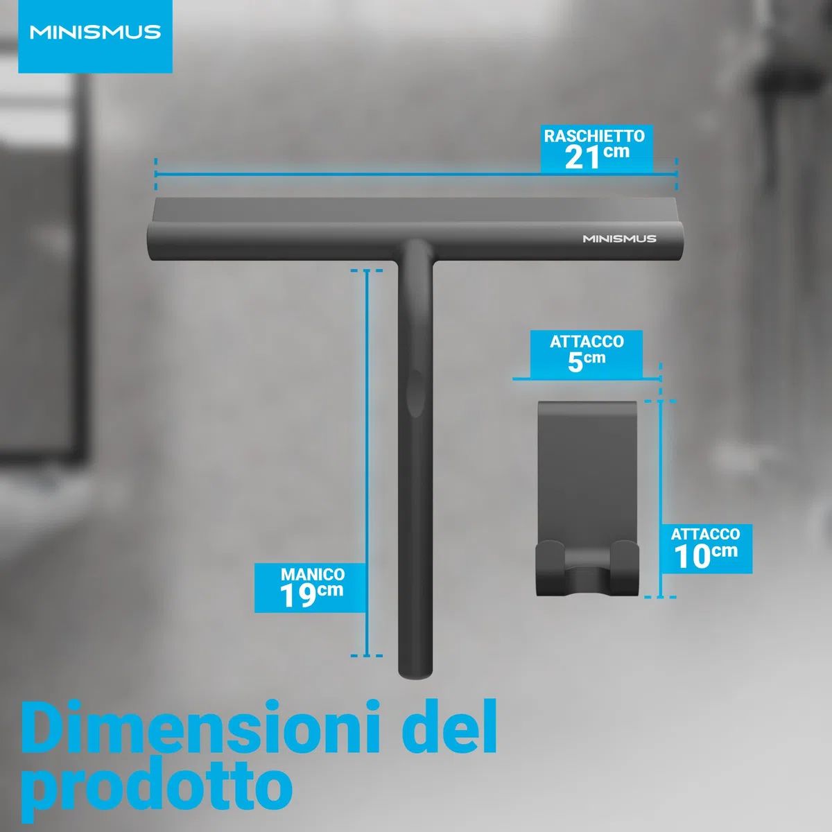 Minismus Tergivetro per Doccia - Pulisci Vetri Porte e Finestre - Tergivetro Doccia Silicone - Pulisci Doccia Vetro, Bagno e Specchi - Senza Foratura, Supporto Incluso (Nero, 21 cm)