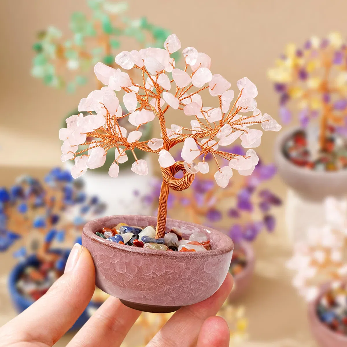 Albero della Vita Feng Shui Decorazione 81 Cristalli Ametista Pietra Naturale Preziosa Gusci di Pietra Con Base Decorazione Spirituale Per Regalo e Fortuna（Quarzo rosa）