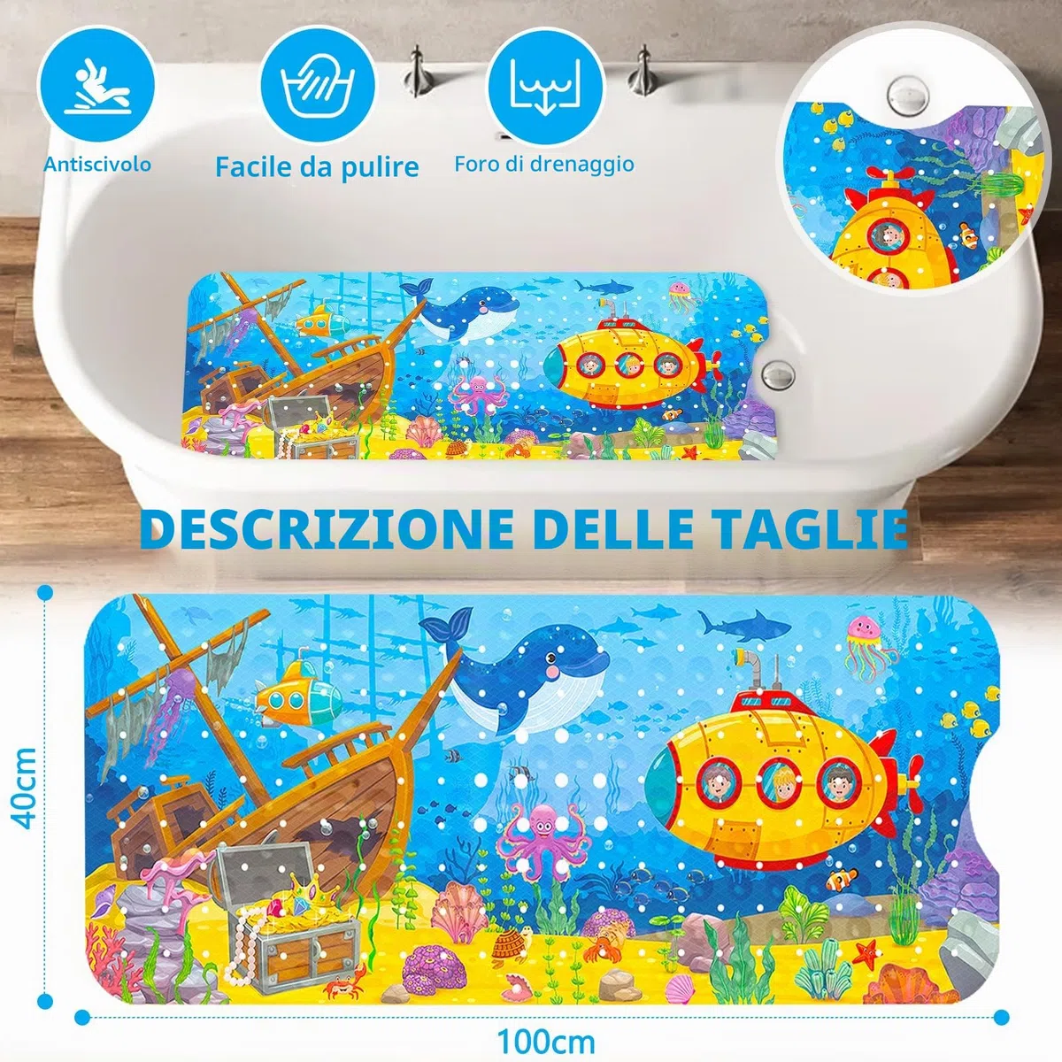 Tappetino Vasca Antiscivolo Bambini da Bagno,100x40cm Tappetino per Doccia Antiscivolo con 200 Ventose e Modello Animale Marino,Senza BPA Antibatterico Lavabile in Lavatrice Tappetino da Bagno