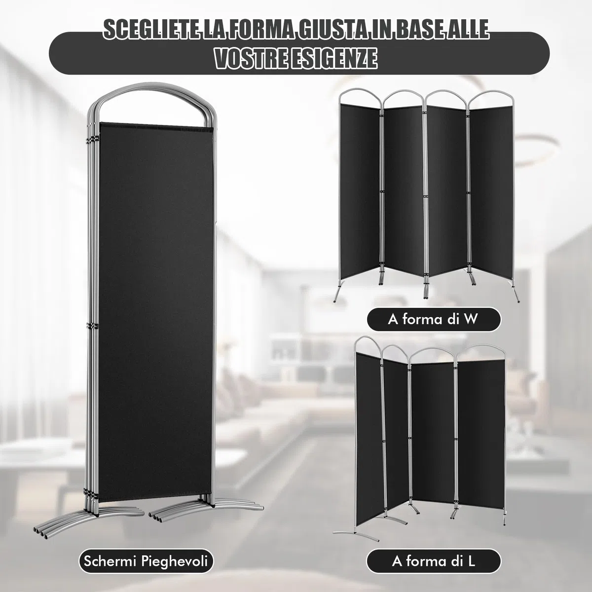 COSTWAY Paravento Pieghevole a 4/6 Pannelli, Separé Divisorio Interno ed Esterno, Pannelli Divisori per Camera da Letto, Ufficio e Soggiorno (221 x 188 cm 4 Pannelli, Nero)