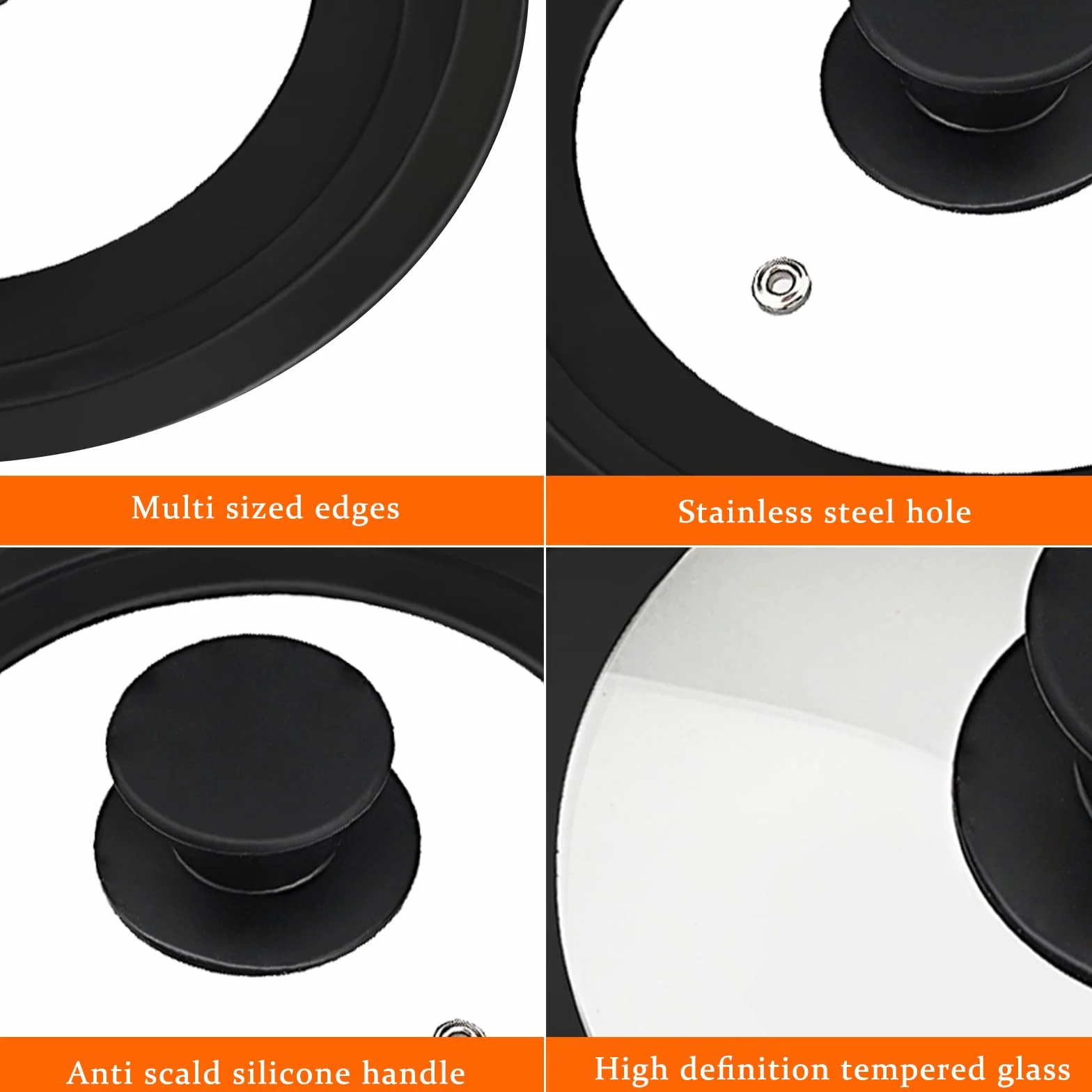 Coperchio Universale 18/20/22 cm – Coperchio in Vetro Temperato Nero con Bordo in Silicone, Foro Vapore & Manico Cool-Touch – Adatto a Pentole e Padelle, Lavabile in Lavastoviglie
