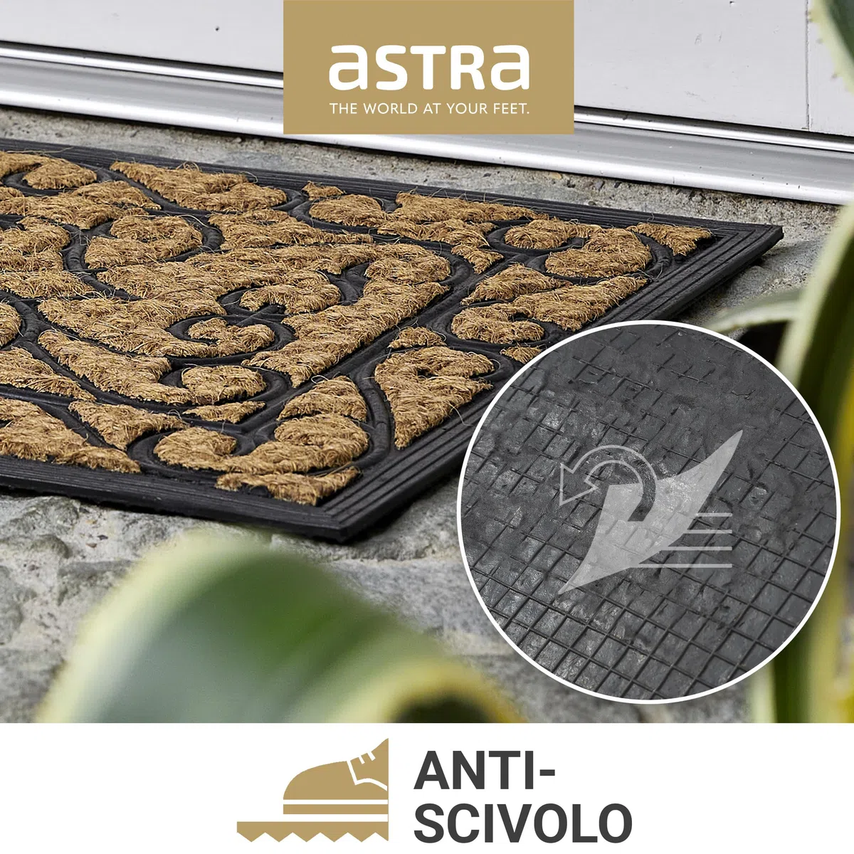 Astra Zerbino antiscivolo per esterni resistente alle intemperie - Coco Deluxe zerbino d'ingresso in gomma e cocco - 45x75 cm set di 2 Rilievo