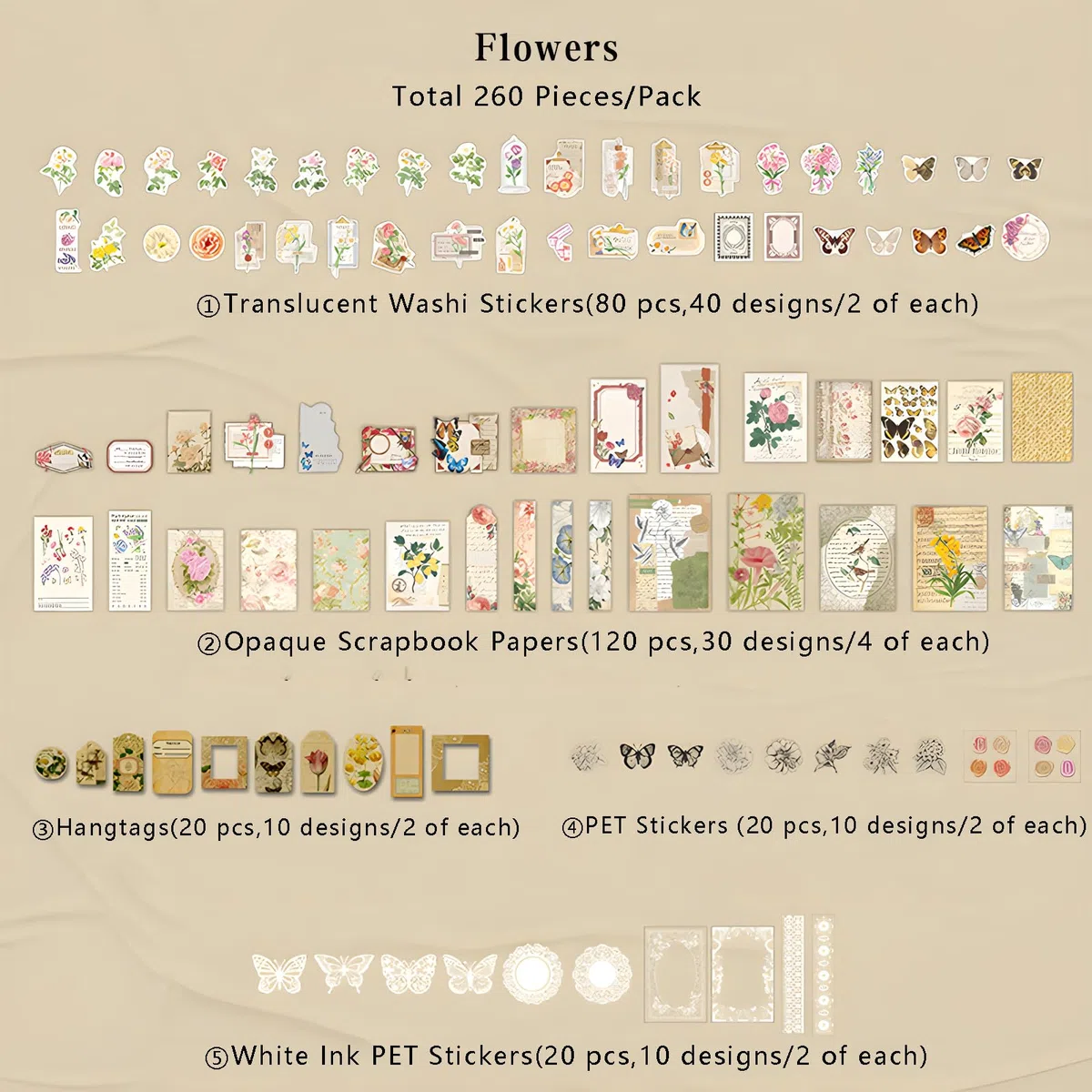 Teniinet 260 Pezzi Kit per Scrapbooking Vintage Estetico, Kit per Diario Estetico, Grande Collezione per Diari Proiettili Spazzatura, Collage di Arti e Mestieri, Adulti Effimeri, Principianti(Fiori)