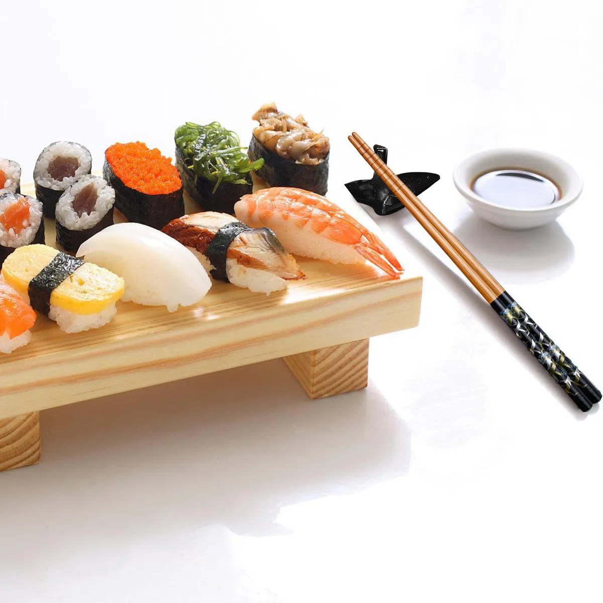 BAIFULAI Set di 2 bacchette per sushi in legno con supporto per gru in ceramica, sostenibili Chopsticks giapponese, cinese, coreano, taiwanese, regalo giapponese