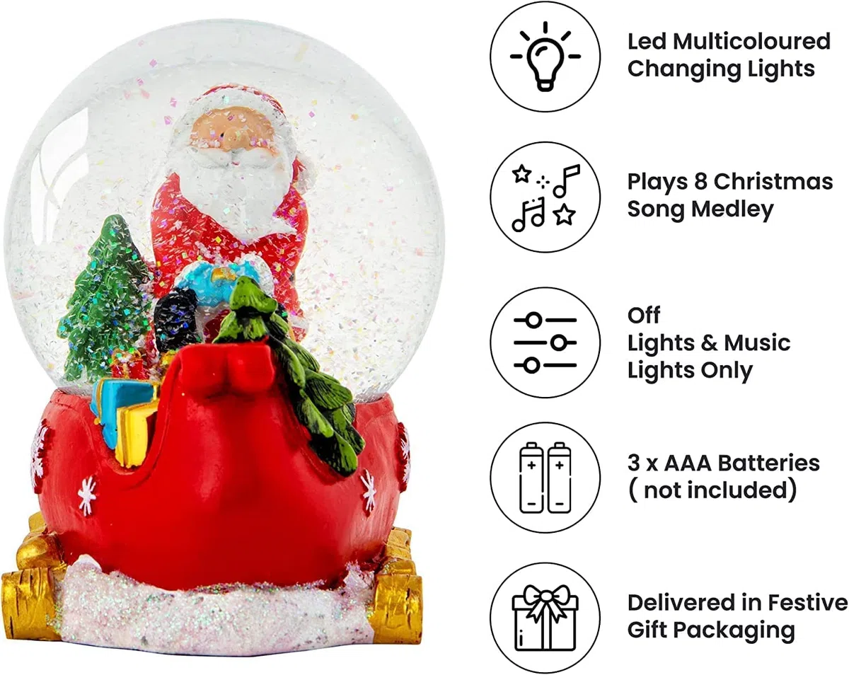 Celebright Christmas Musical Snow Globe - Riproduce 8 canzoni tra cui Jingle Bells & Lights Up With Changing LED Colours - Large 14cm (Babbo Natale su una base di slitta)