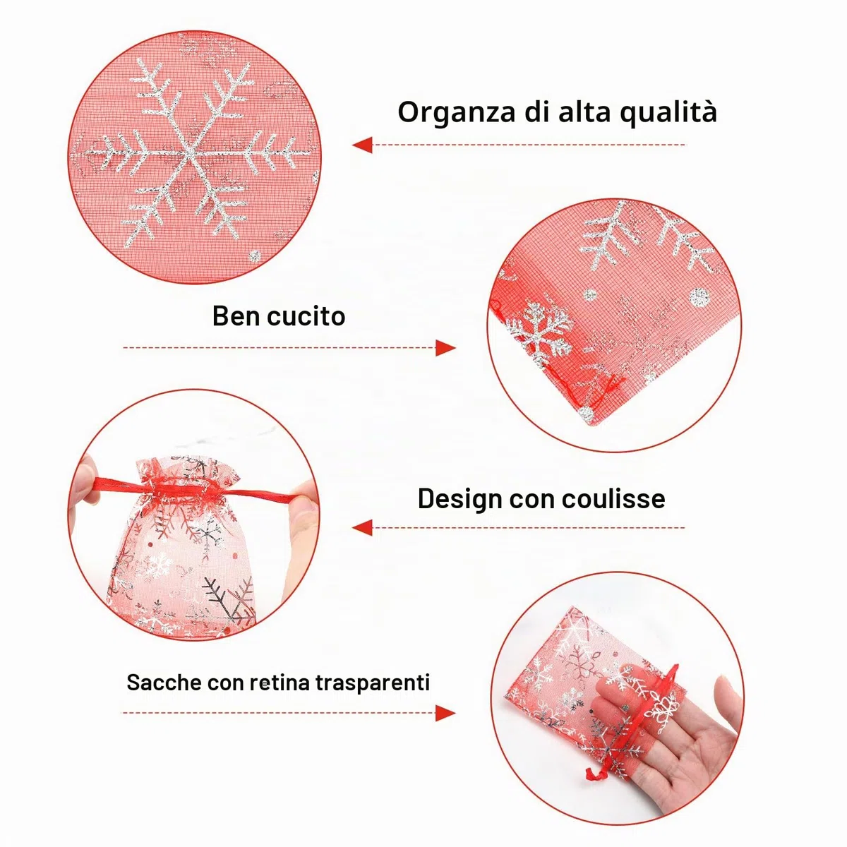 G2PLUS Sacchetti in organza rossa, 7 x 9 cm, con fiocco di neve, piccoli sacchetti regalo di Natale, 100 sacchetti per bomboniere per Natale, compleanno, matrimonio, anniversario