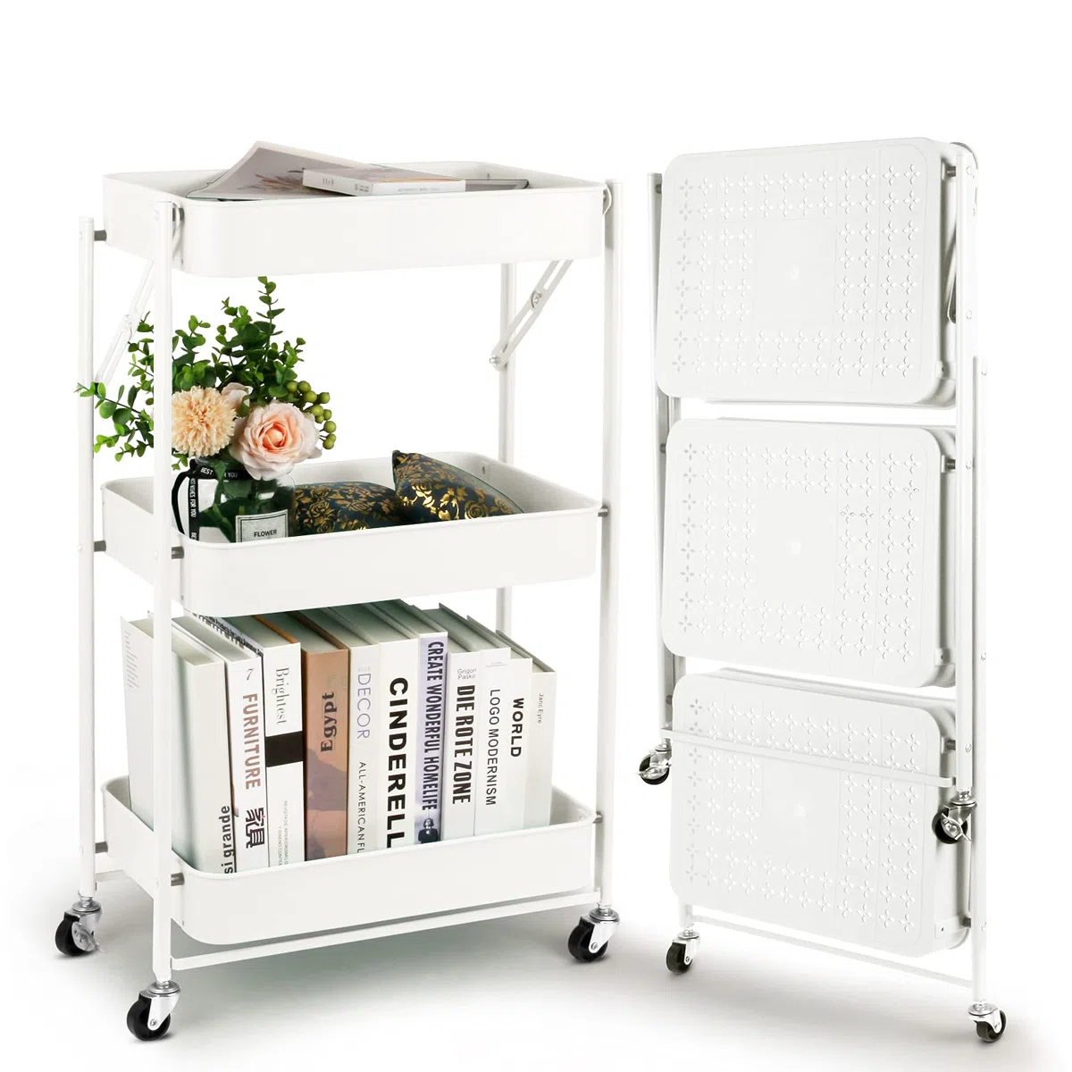 Todeco Carrello pieghevole a 3 livelli, carrello da cucina, senza assemblaggio, 46 x 29 x 78 cm, per cucina, ufficio, bagno, guardaroba, bianco