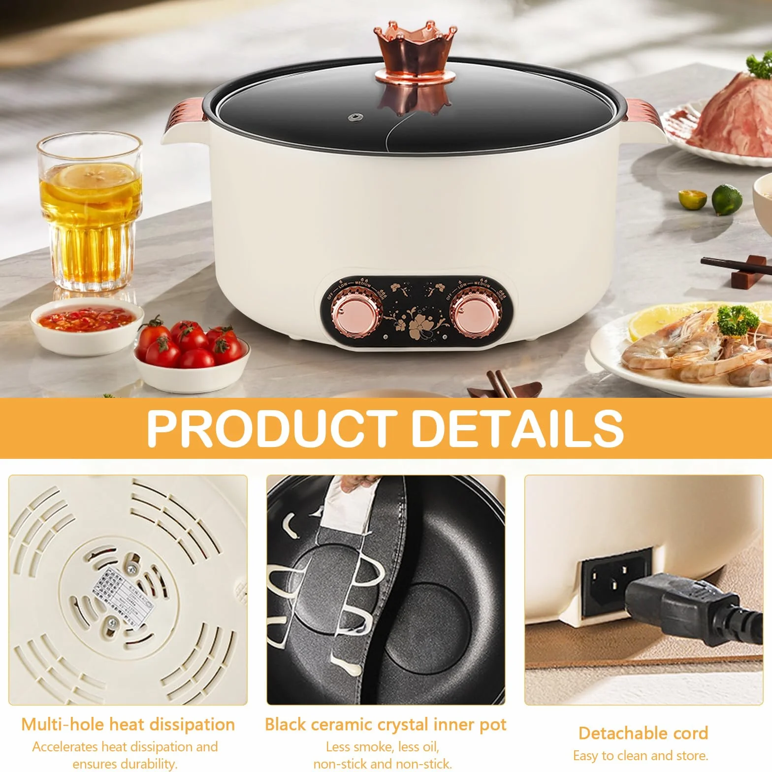 Pentola Elettrica, Pentola per Friggere da 5 Litri con Design a Scomparti Vaporiera Elettrica Antiaderente da 1350 W con 3 Regolazioni di Potenza per Cucinare in Pentola Preparare Zuppe Cucinare Noodl