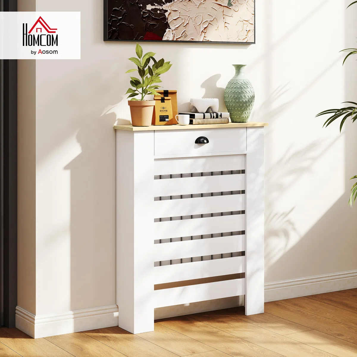 HOMCOM Copriradiatore, schermo per radiatore, griglia a lamelle orizzontali, con cassetto, per soggiorno, camera da letto, corridoio, legno, 78 x 19 x 95,5 cm, bianco