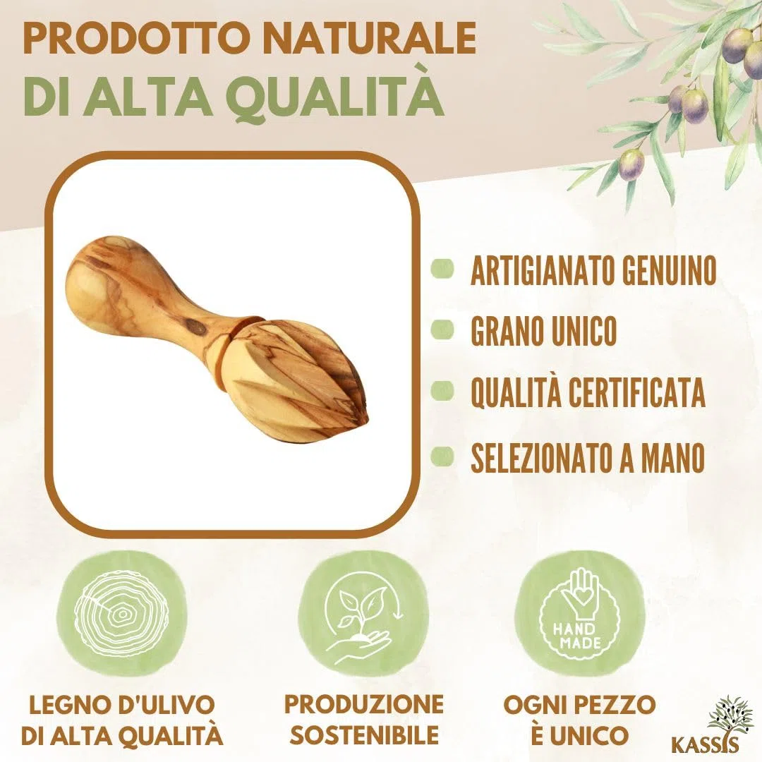KASSIS Spremiagrumi in legno d'ulivo per succo fresco, per lime, per arance, fatto a mano 14 cm