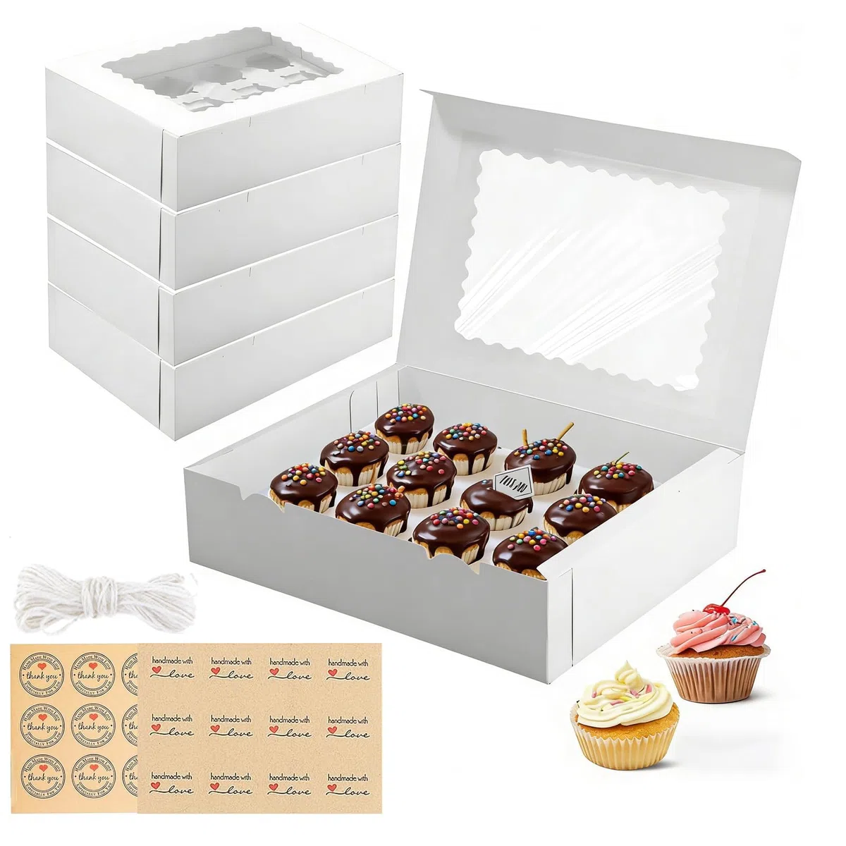 Scatola per il Trasporto di Cupcake, 10 pezzi Scatola per Cupcake 12 Fori, Scatole per Cupcake con Finestra e Inserti, Riutilizzabile Scatole Bianche con Finestra Trasparente Ondulata