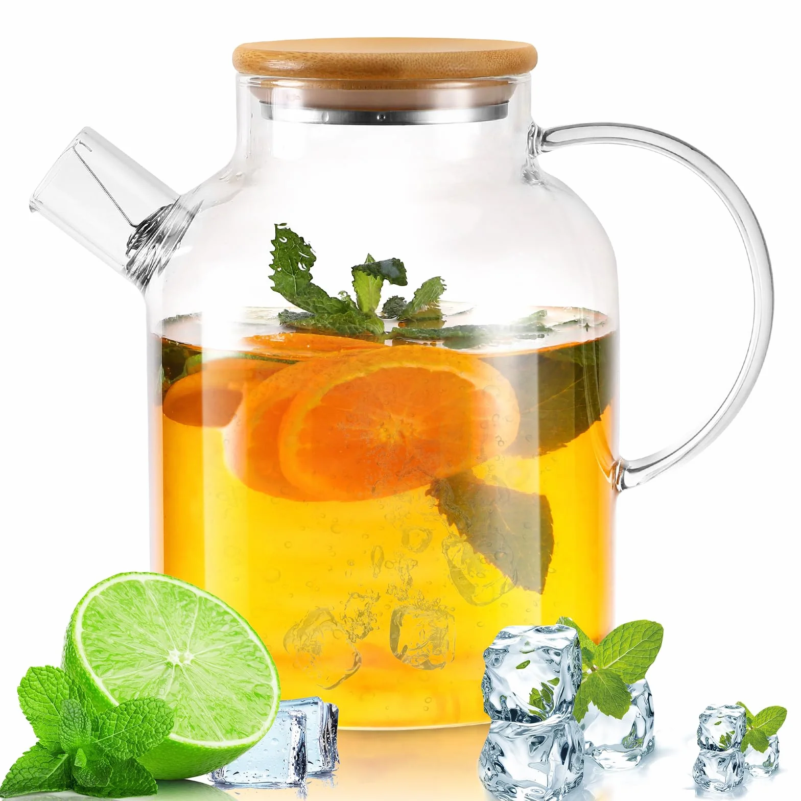 Kasanni Teiera In Vetro 1.8 L Copertura In Legno Con Filtro Resistente Al Freddo e ai Calore, a Prova di Esplosione Teiera Vetro Borosilicato Adatto Per Tè, Tisane Profumate e Bevande Alla Frutta