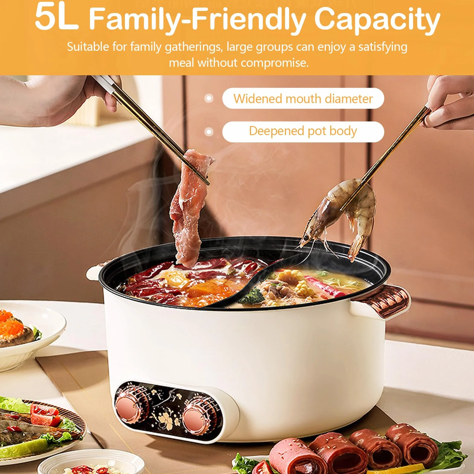 Pentola Elettrica, Pentola per Friggere da 5 Litri con Design a Scomparti Vaporiera Elettrica Antiaderente da 1350 W con 3 Regolazioni di Potenza per Cucinare in Pentola Preparare Zuppe Cucinare Noodl