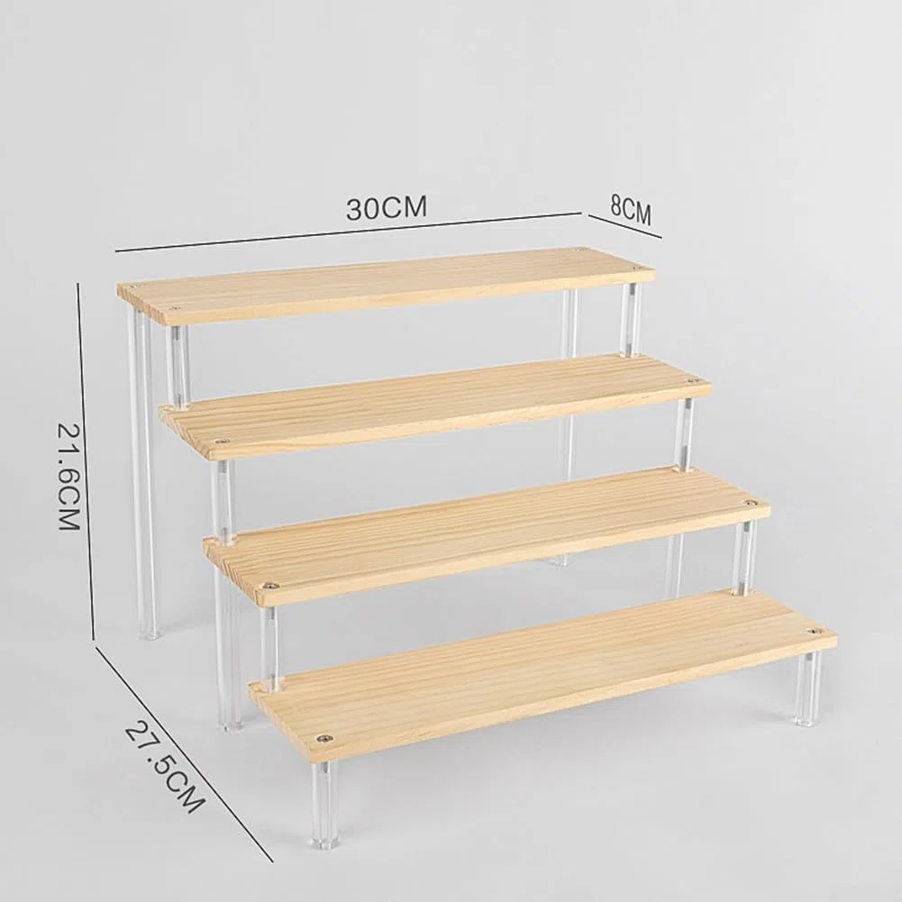 Espositore a scala in legno con ripiani in acrilico per organizzare cosmetici, cancelleria e oggetti da collezione (4 strati 30 cm)