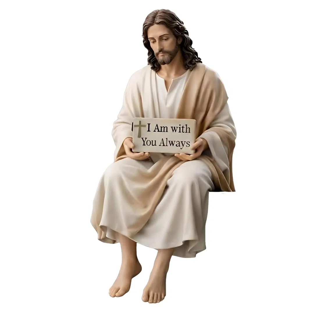 Statua di Gesù Seduto Dipinta a Mano, Figura in Resina con Incisione 'Io Sono con Voi Tutti i Giorni', Decorazione Ispiratrice per la Casa e Idea Regalo di Fede
