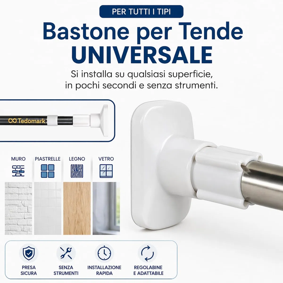Bastone Telescopico Estensibile 48–78 cm Senza Fori – Asta a Pressione con Piedini Antiscivolo, Struttura in Acciaio Inox Resistente, Ideale per Doccia, Armadi, Nicchie e Finestre Piccole