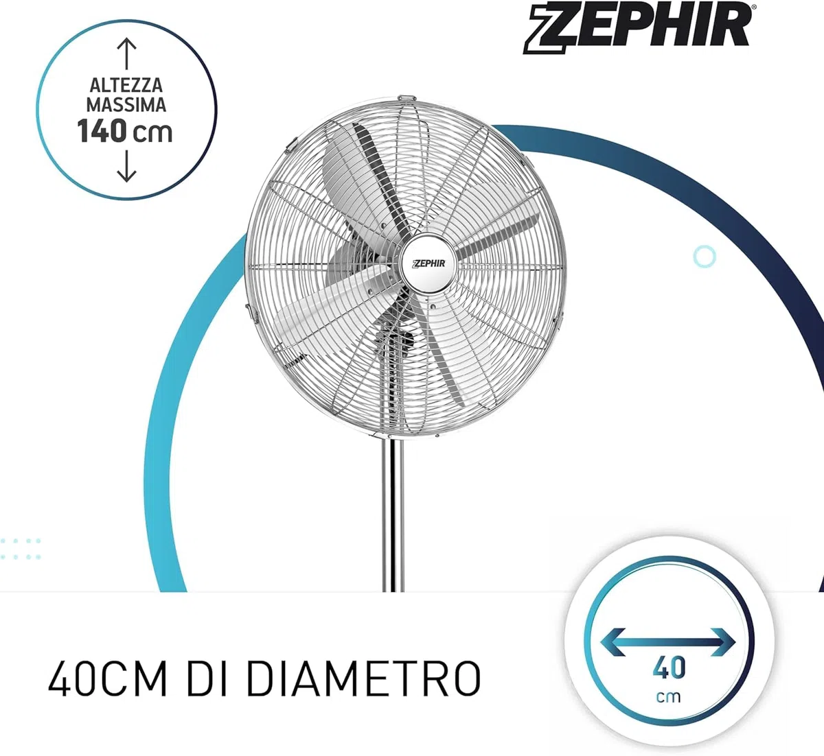 PF40CR Ventilatore a Piantana Professionale 3 Velocità Oscillazione Automatica e Griglia di Sicurezza Regolabile in Metallo Altezza 140 cm Silenzioso Zephir