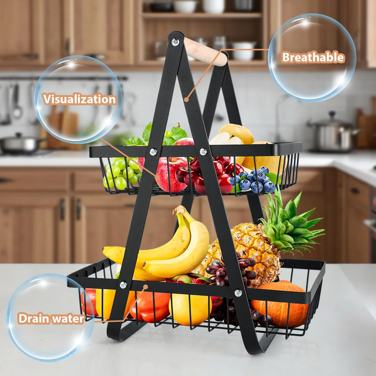 Alzata per frutta con 2 ripiani,Cestino Frutta,con manico in legno, rimovibile,scaffale angolare in piedi,Porta Frutta da Tavolo per Verdura Snack (Nero)