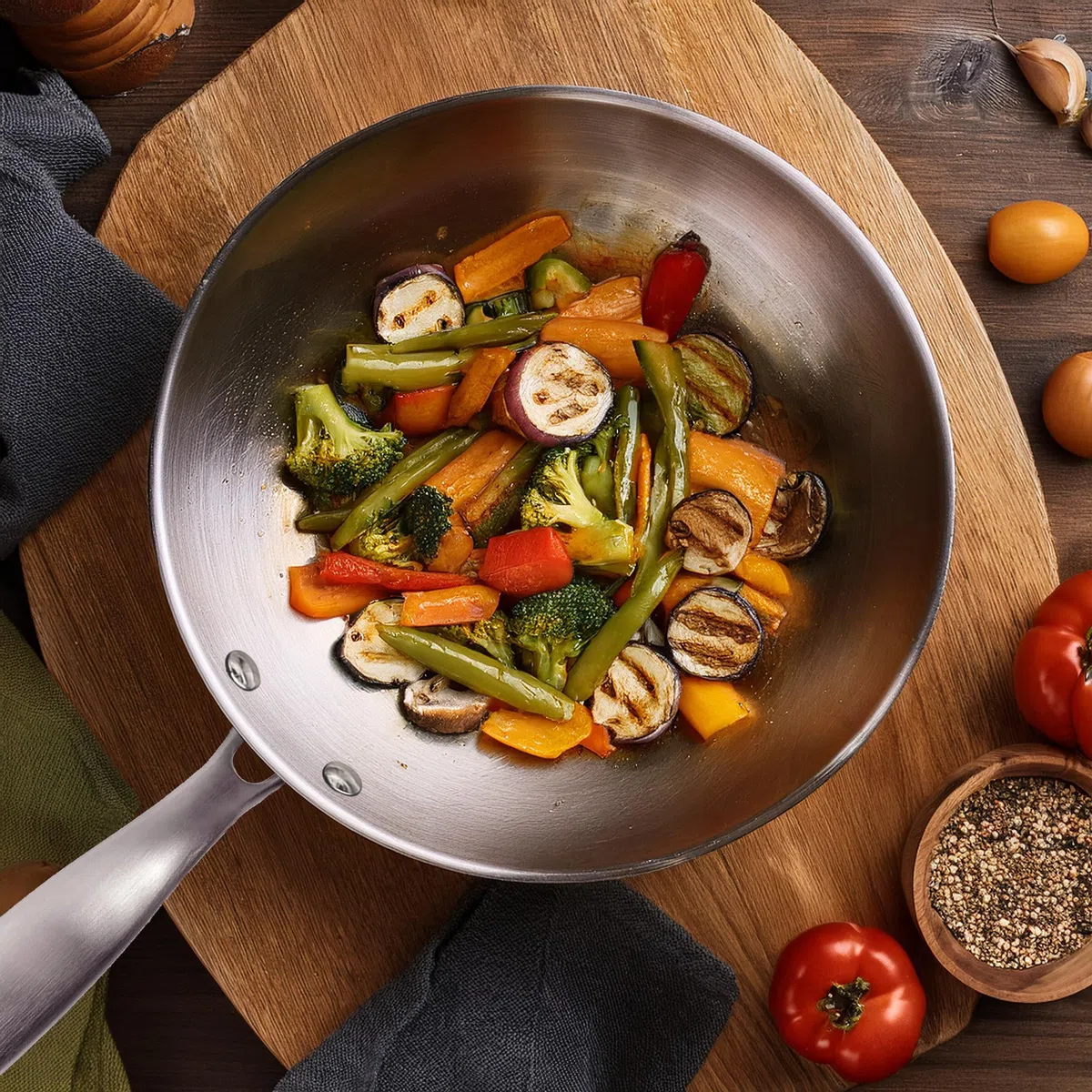 Cuisinox - Gourmet - Wok 28 cm in acciaio inox - Triply - Compatibile con tutti i piani cottura inclusa induzione - Acciaio inossidabile 18/1 - Finitura satinata - Manico fisso - Senza PFAS, PTFE