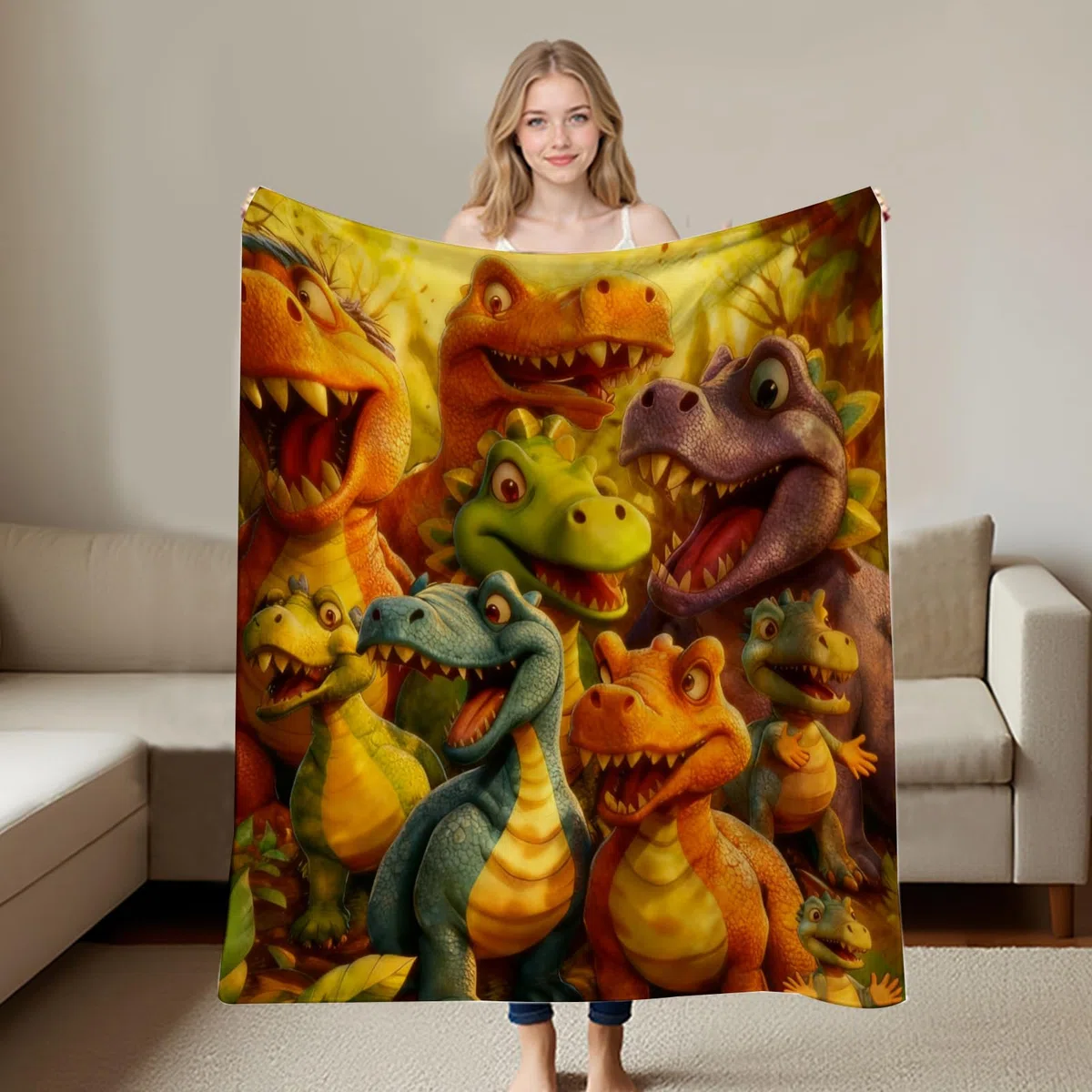 Coperta In Flanella Con Dinosauri Sorridenti ,Stampa Digitale Ad Alta Definizione Motivo Dinosauro,150x130 cm Morbida Coperta In Flanella Con Stampa Animali | per , Divano, Angolo Lettura, Camera da ,