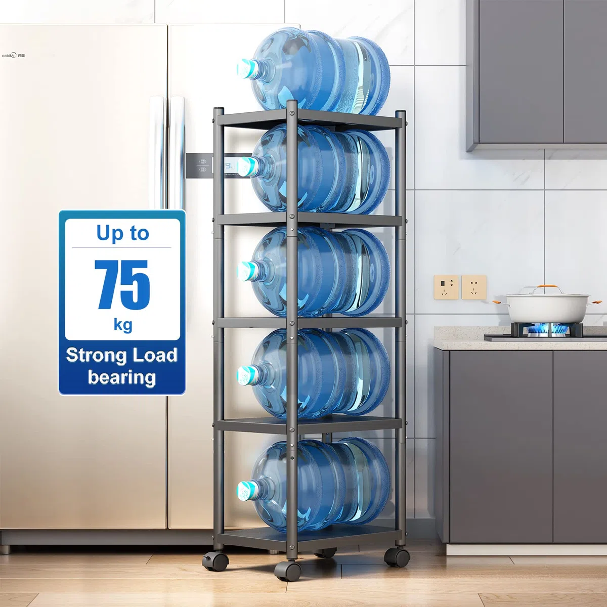 SAYZH Scaffale a 5 ripiani, in metallo resistente, multifunzione, con ruote e piedini antiscivolo, per garage, cucina, ufficio, libreria, angolo, nero