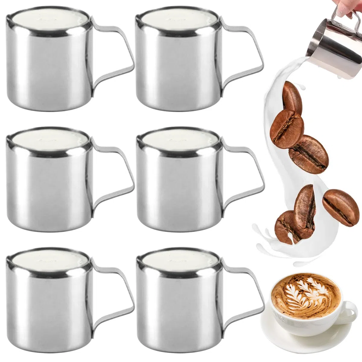 6 bricco per latte, in acciaio inox da 90 ml, piccolo bricco per latte in schiuma, bricco da 3 oz per schiumare, brocca per latte e caffè espresso per montalatte, cappuccino, latte art