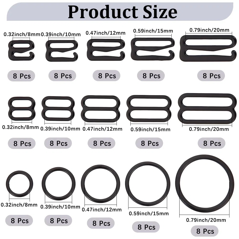 GORGECRAFT 120pz 15 Stili Ganci Reggiseno da Bagno di Ricambio in Metallo Nero Chiusura di Regolazione del Costume da Bagno Cursore Anelli Cinturino Reggiseno Slip Vestito Posteriore 8/10/12/15/20mm