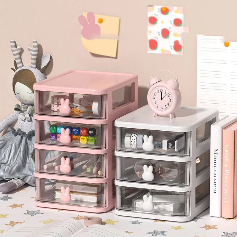 Mobile da tavolo con cassetti per archiviazione, organizer per articoli di cancelleria e arte, con adorabile maniglia a forma di coniglio, per ufficio, camera da letto e garage (Rosa, 3 livelli)