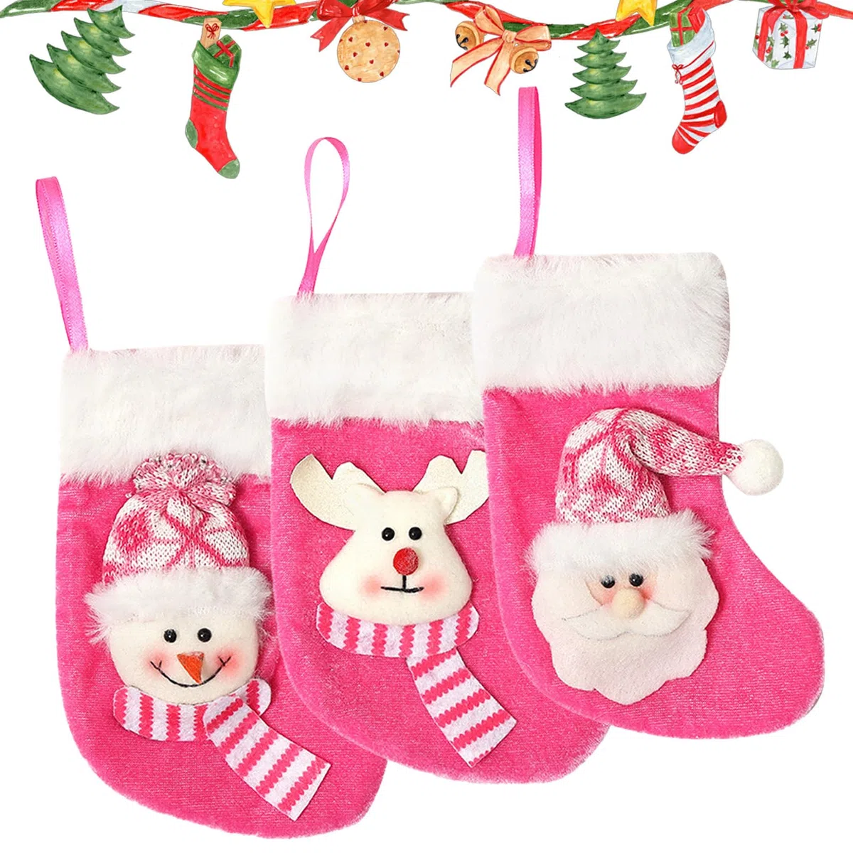 3 PCS Mini Calze Natalizie da Appendere, 17x9cm Piccoli Calze di Natale, Rosa Personalizzate Calza Befana Vuota, Candy Sacchetti Regalo per Albero di Natale Decorazione