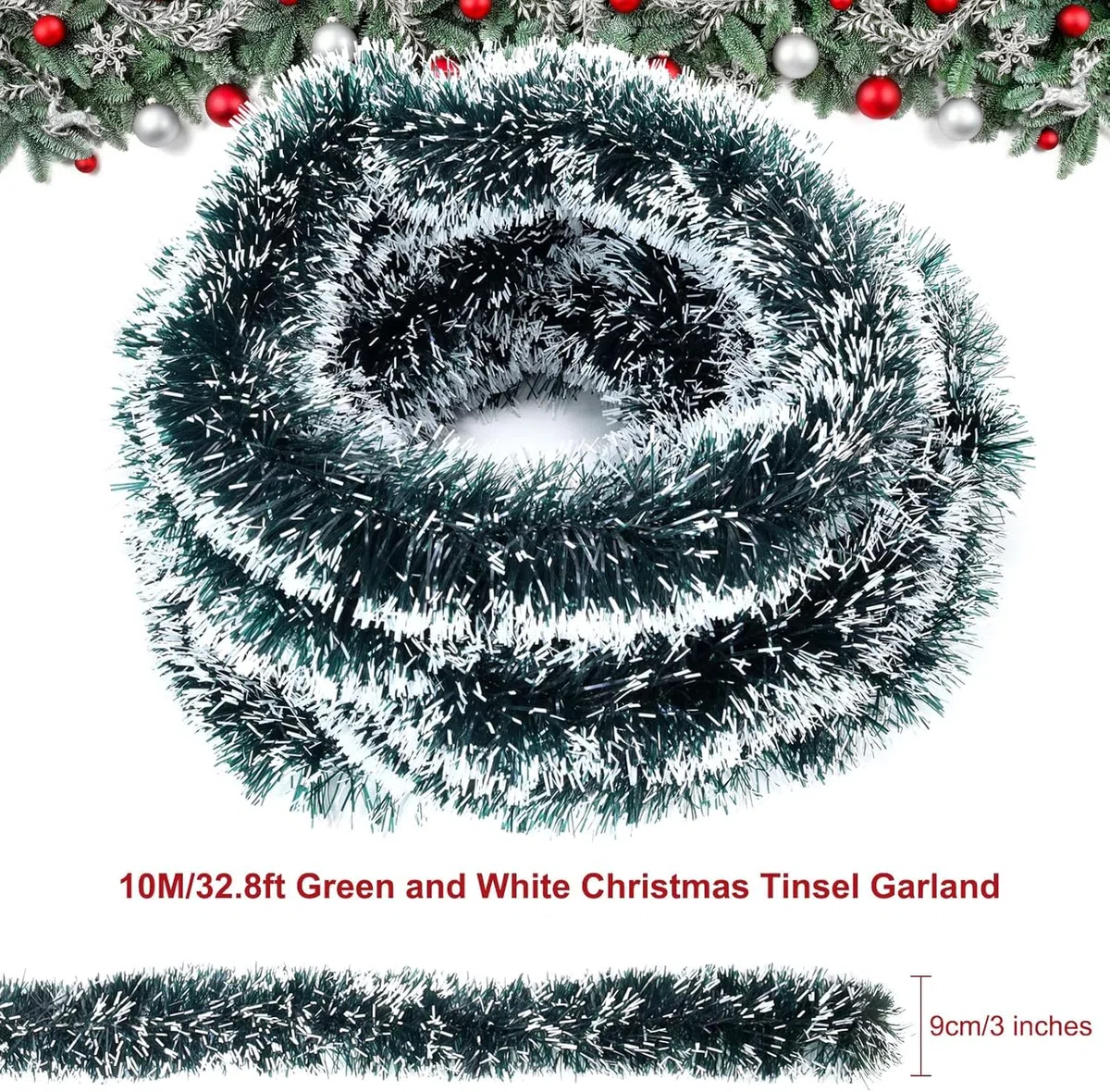 SULOLI Ghirlanda Natalizia,10 Metri Ghirlanda Artificiale,Ghirlande di Orpelli per Porta,Decorazioni Albero di Natale (Verde Scuro Con Bianco)