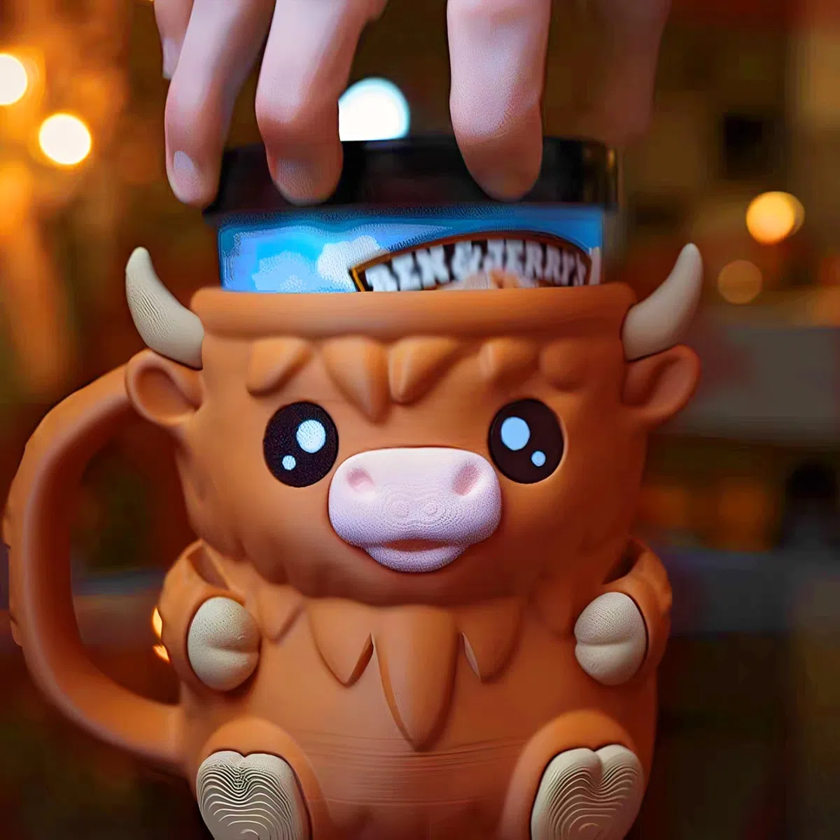 Highland Cow - Porta gelato con stampa 3D, con cassetto e 2 cucchiai, motivo: mucca delle Highland, regalo per gli amanti, 473 ml