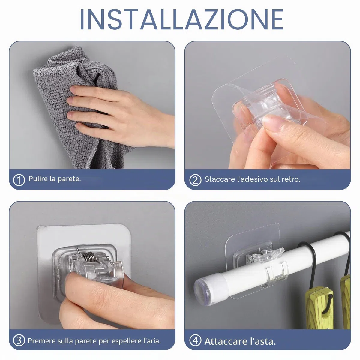 12 Pezzi Ganci per Tende Senza Bucare, Ganci Adesivi per Tende Trasparente, Staffa autoadesiva per Asta Tende, tende senza bucare per Soggiorno, Bagno, Camera da Letto (Trasparente)