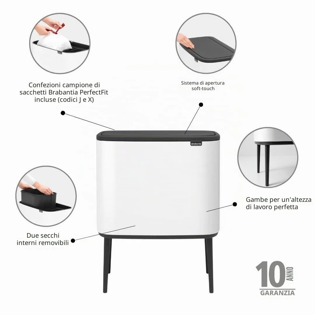 Brabantia Bo Touch Bin Pattumiera, Metallo, Bianco, 11 + 23 Litri