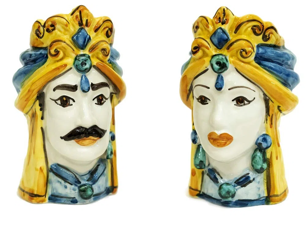 Generico Coppia teste di moro Caltagirone giallo in ceramica siciliana vasetti piccoli 15 cm