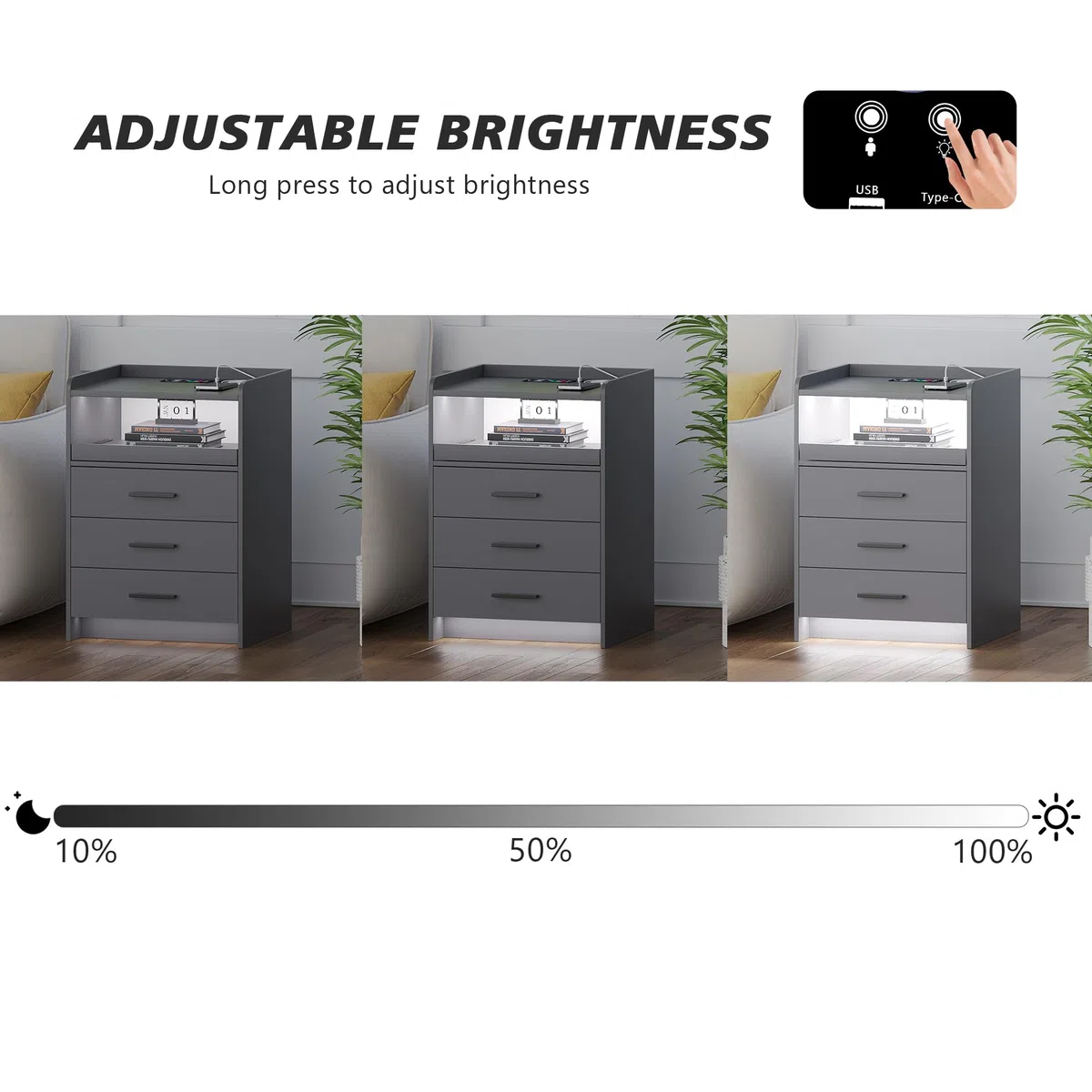 Gurexl LED 2 pezzi comodino con stazione di ricarica，cassettiera camera con sensore del corpo umano e 24 RGB leggero ，comodini moderni da letto legno da letto con 3 cassetti per Camera，Grigio