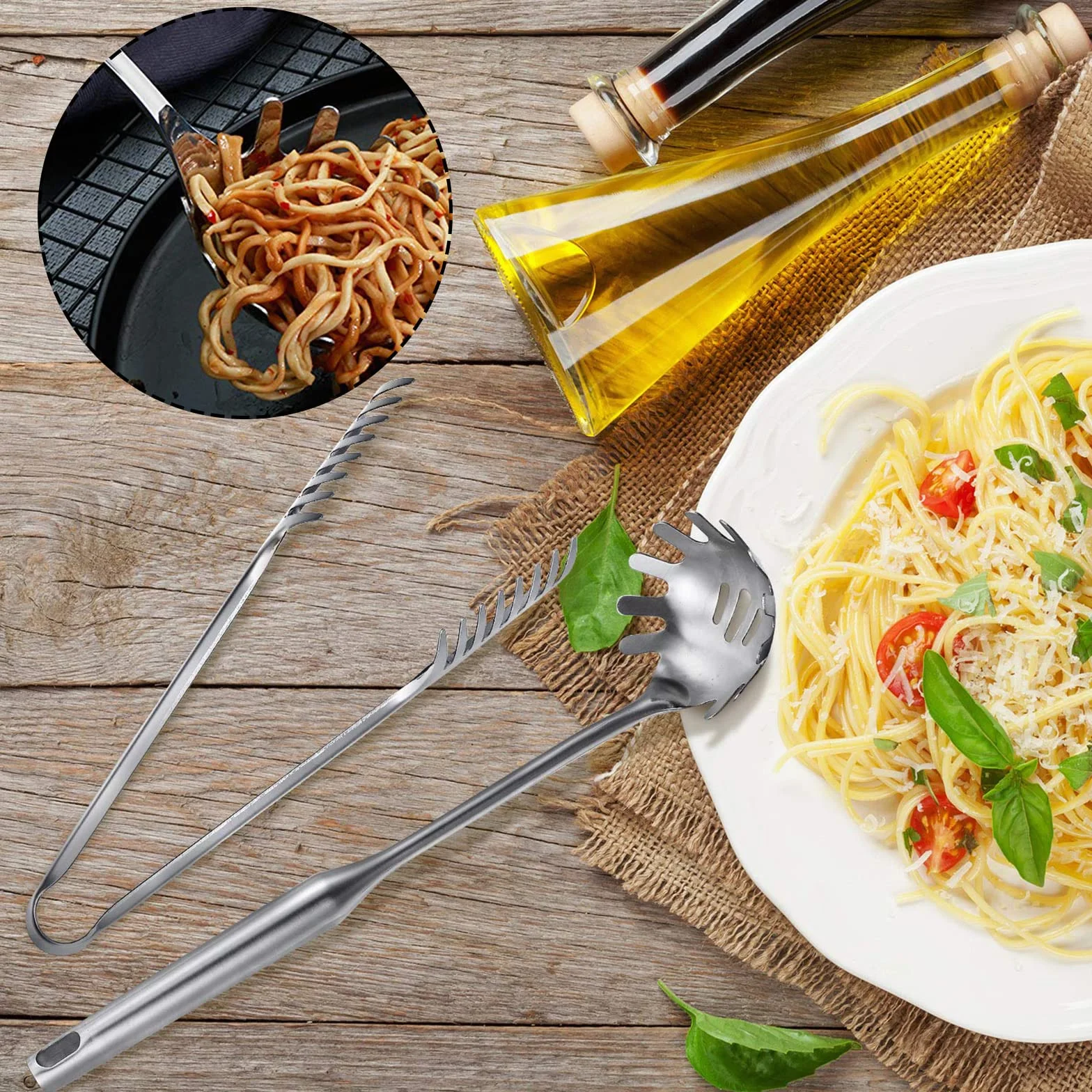 Acciaio Inossidabile Pinza per Pasta, Cucchiaio Servispaghetti, Cucchiaio di Pasta Server Forchetta, lavabile in lavastoviglie, Per Cuocere Pasta, Spaghetti, Insalate, Carni Alla Griglia (34.3cm)