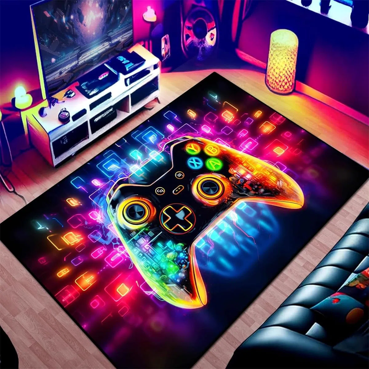 Tappeto Camera Da Letto Gaming Graffiti Ragazzo Bambini Tappeto Salotto Gamer Abbaglianti Stella Graffiti Neon Video Controller Di Gioco Lavabile Grande Antiscivolo Gioco Morbido (Blue,100x150cm)